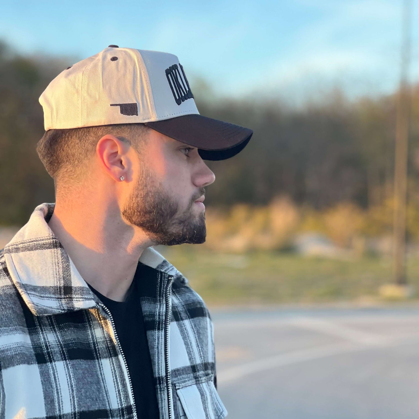 Oklahoma Off White 5-Panel Snapback Hat – Model Side Profile Wearing Snapback