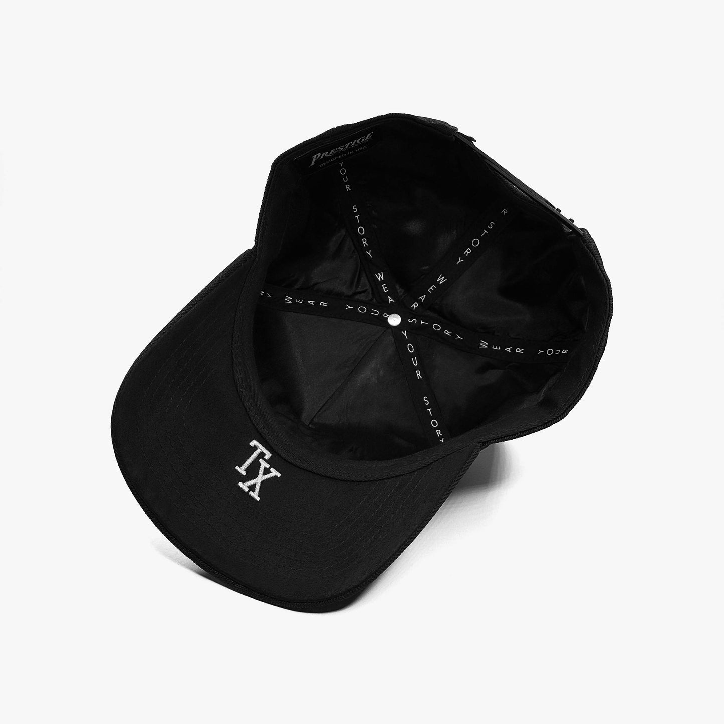 Texas Black 5-Panel Snapback Hat – Under Brim with Suede and TX Abbreviation Embroidery