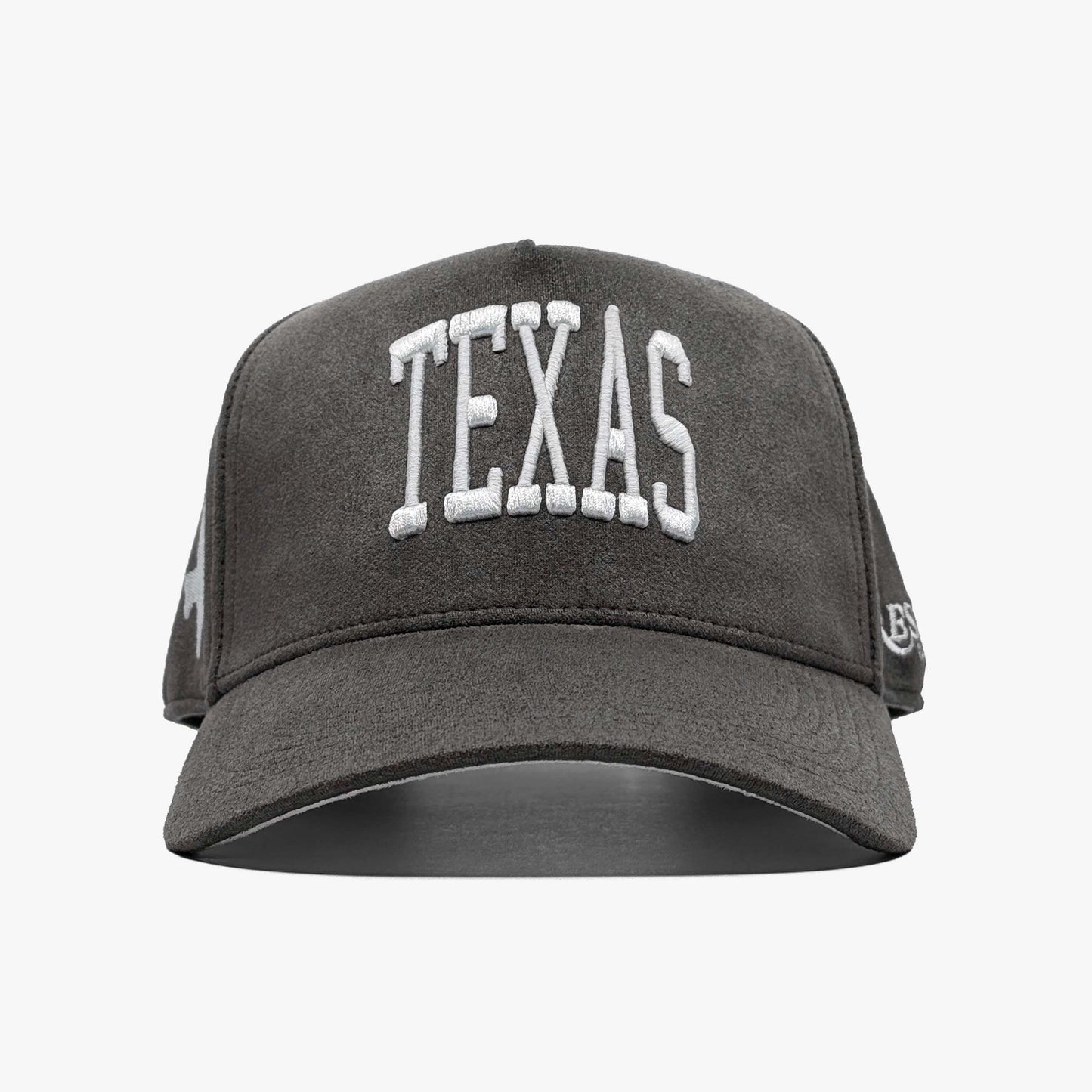 Texas Charcoal Suede 5-Panel Snapback Hat – Prestige Collection Front View with Embroidered Texas Name