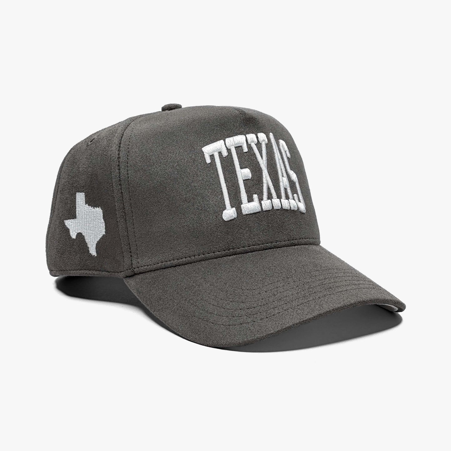 Texas Charcoal Suede 5-Panel Snapback Hat – Prestige Collection Side Angle View with State Silhouette Embroidery
