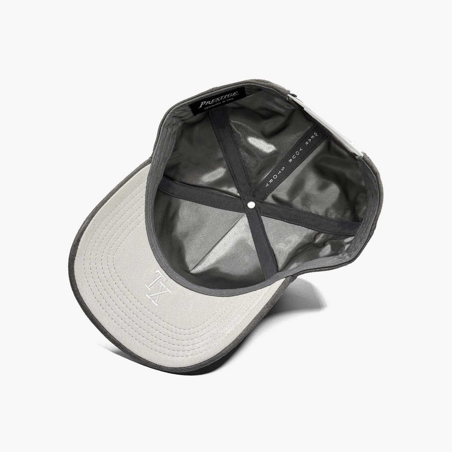 Texas Charcoal Suede 5-Panel Snapback Hat – Prestige Collection Under Brim Embroidery TX Detail