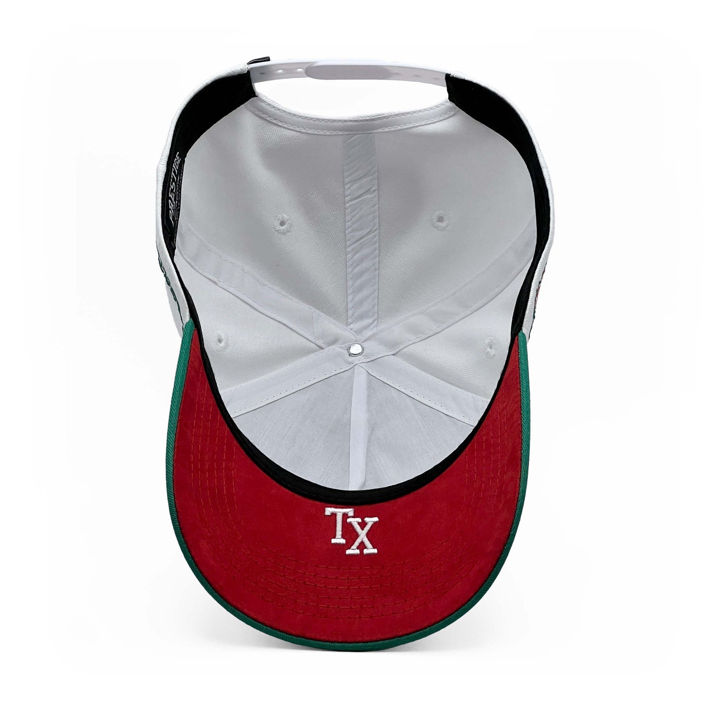 Texas Cinco de Mayo Limited 5-Panel Snapback Hat – Full View of Red Suede Under Brim with TX Abbreviation Embroidery