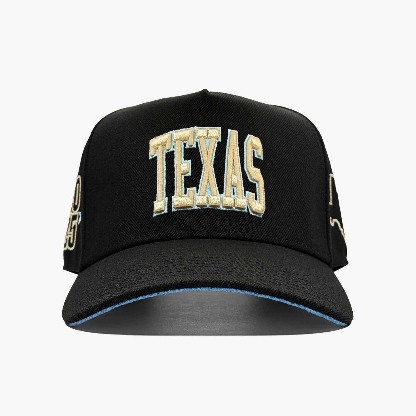 Texas MPM Black 5-Panel Snapback Hat – Center Front View with Texas Embroidery