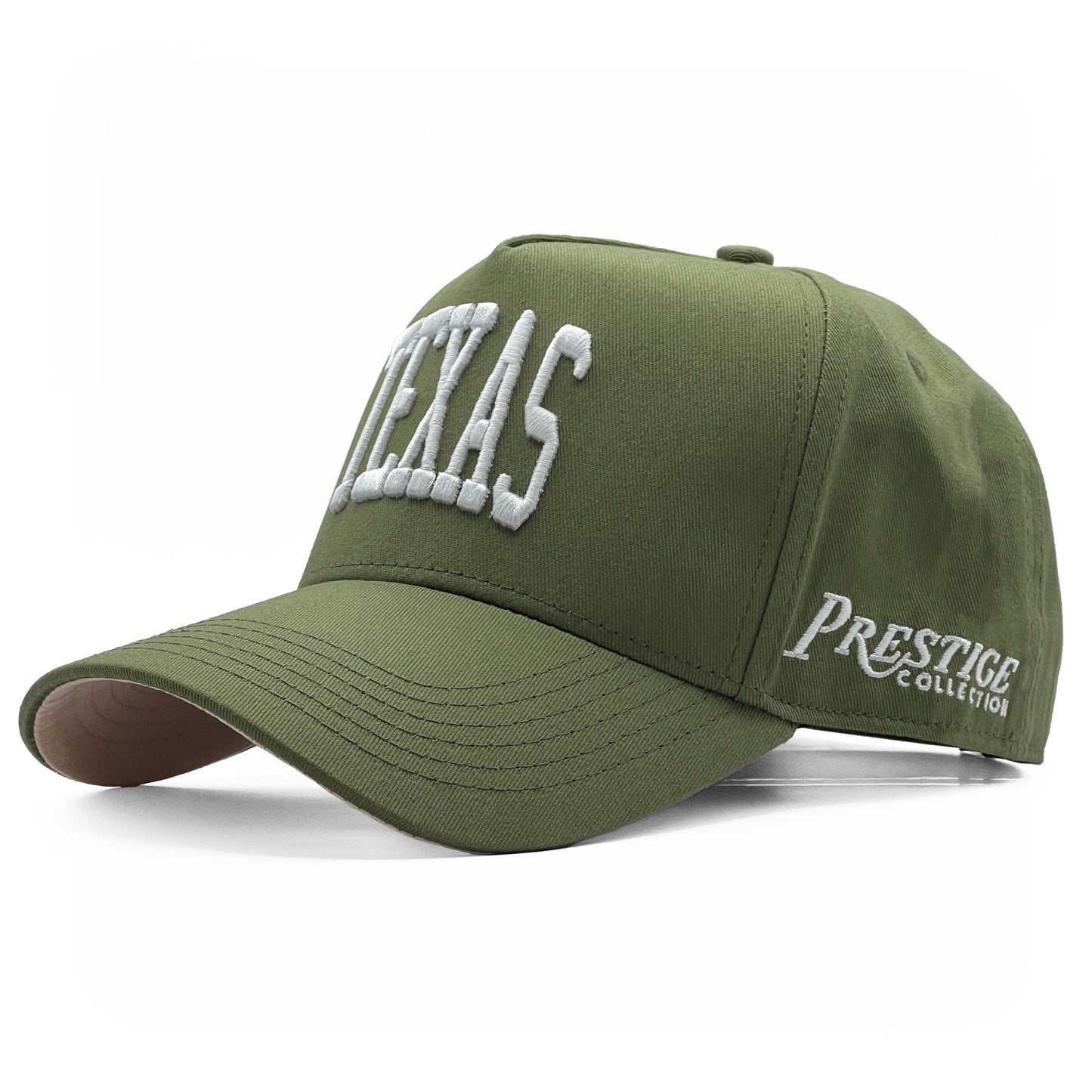 Texas Olive Limited 5-Panel Snapback Hat – Left Side View Highlighting Logo Embroidery and Suede Contrast