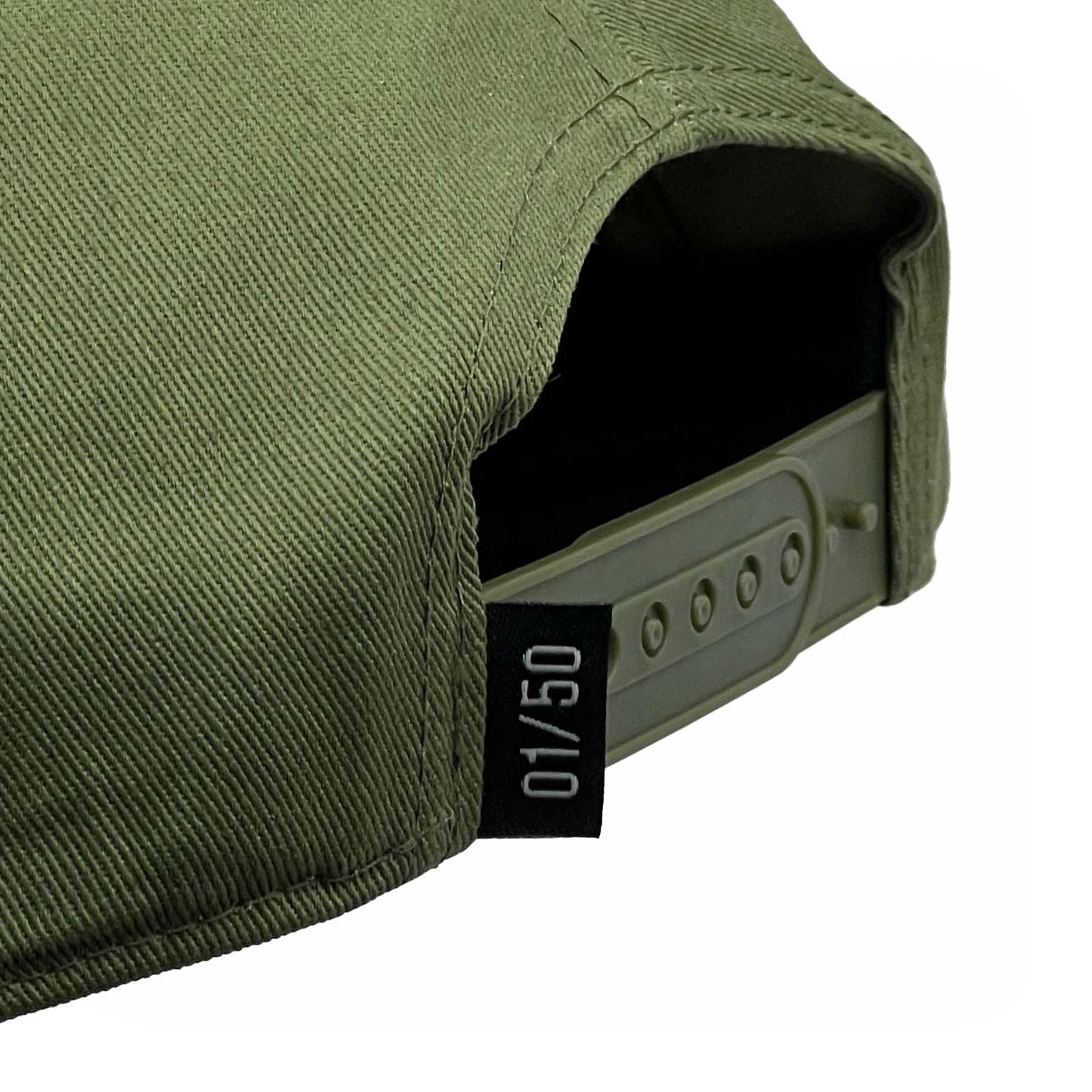 Texas Olive Limited 5-Panel Snapback Hat – Rear View Showing Prestige Collection Logo Embroidery