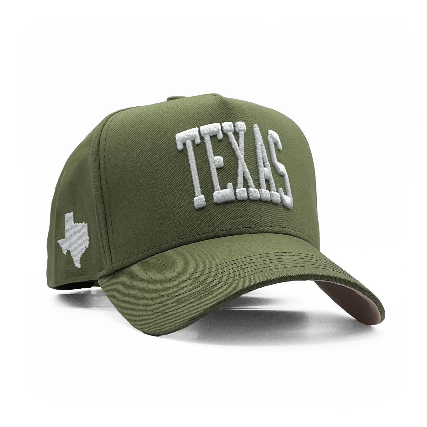 Texas Olive Limited 5-Panel Snapback Hat – Right Angle View with Texas State Silhouette Embroidery