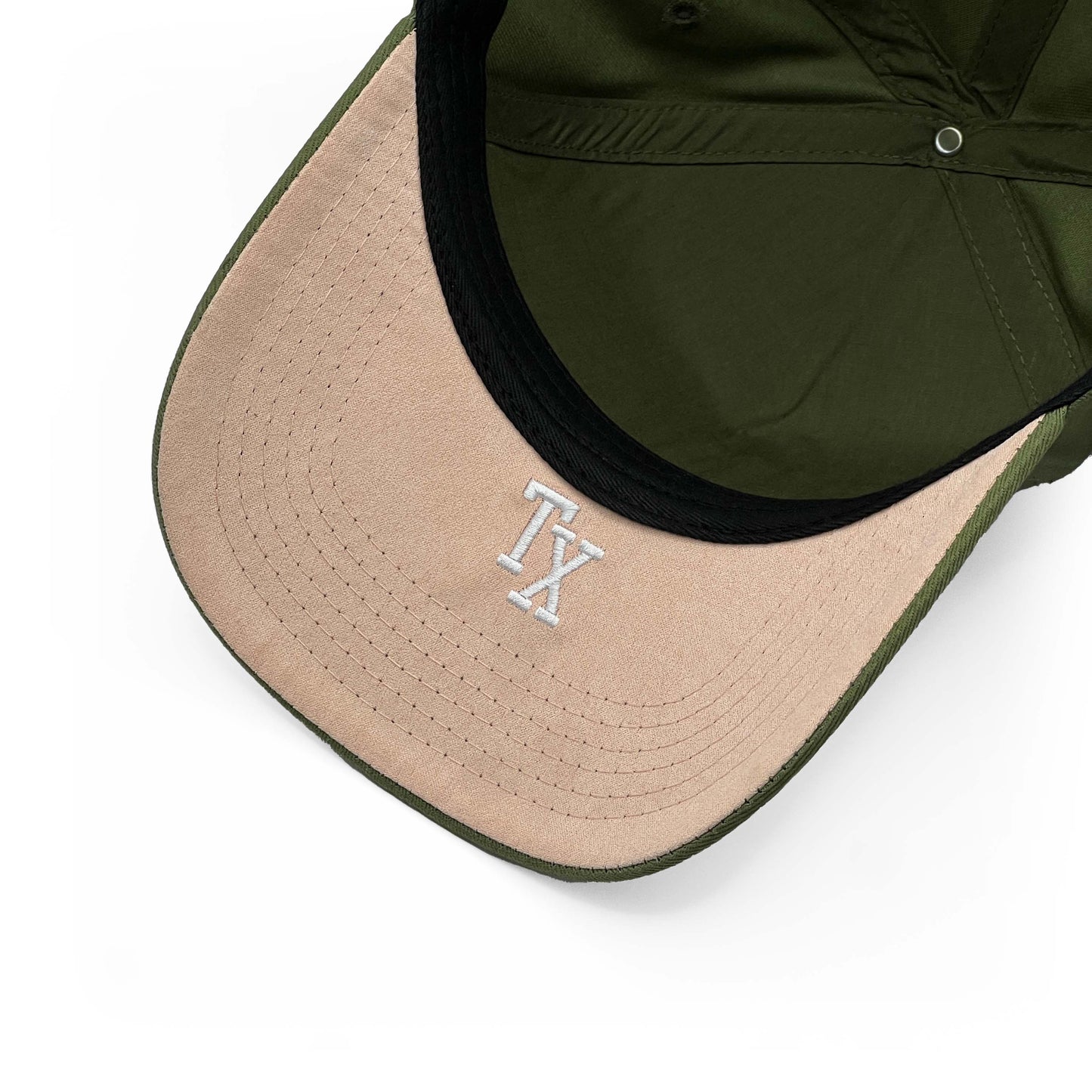 Texas Olive Limited 5-Panel Snapback Hat – Rose Pink Suede Under Brim with TX Abbreviation Embroidery