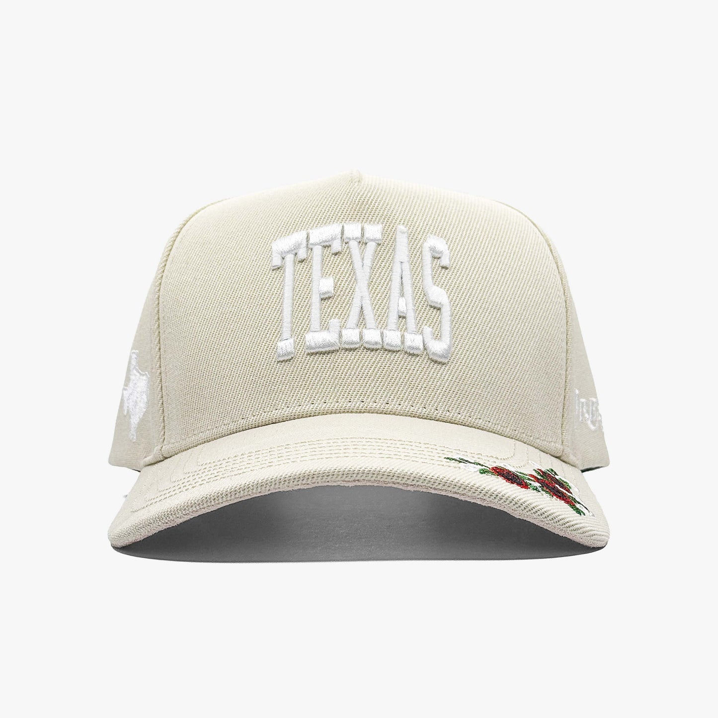 Texas Valentine’s Cream 5-Panel Snapback Hat – Front View with Texas Embroidery