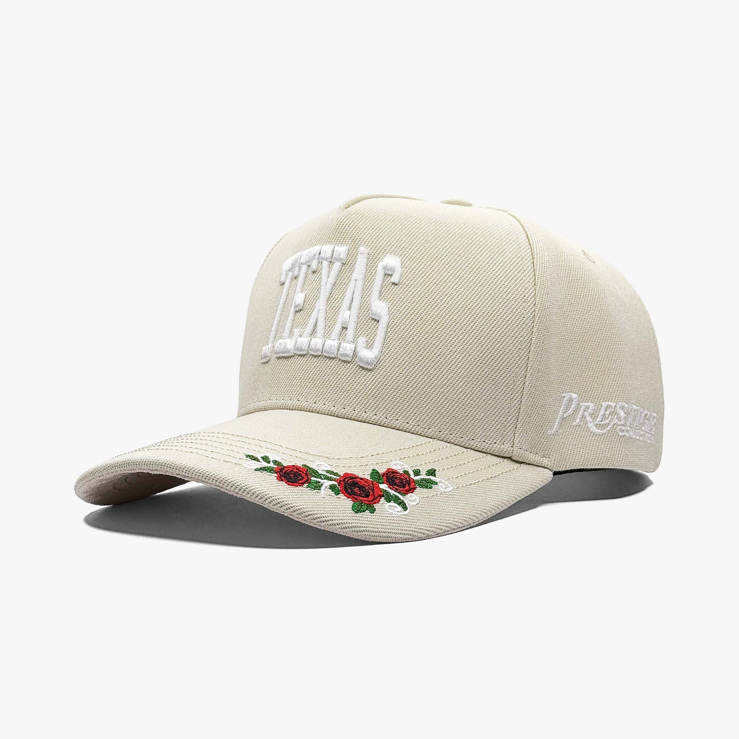Texas Valentine’s Cream Snapback Hat – Close-Up of Rose Embroidery on Left Side
