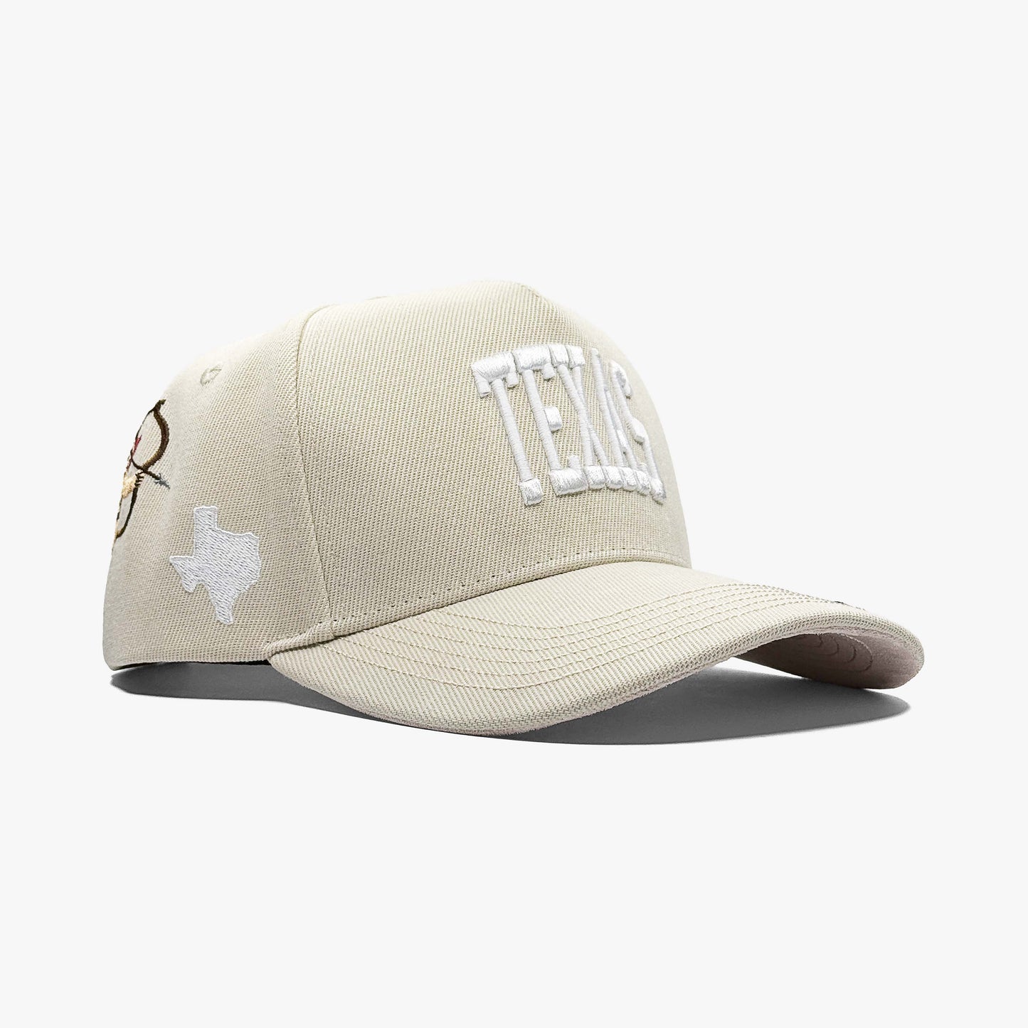 Texas Valentine’s Cream 5-Panel Snapback Hat – Right Angle View with Cherub and Bow Embroidery