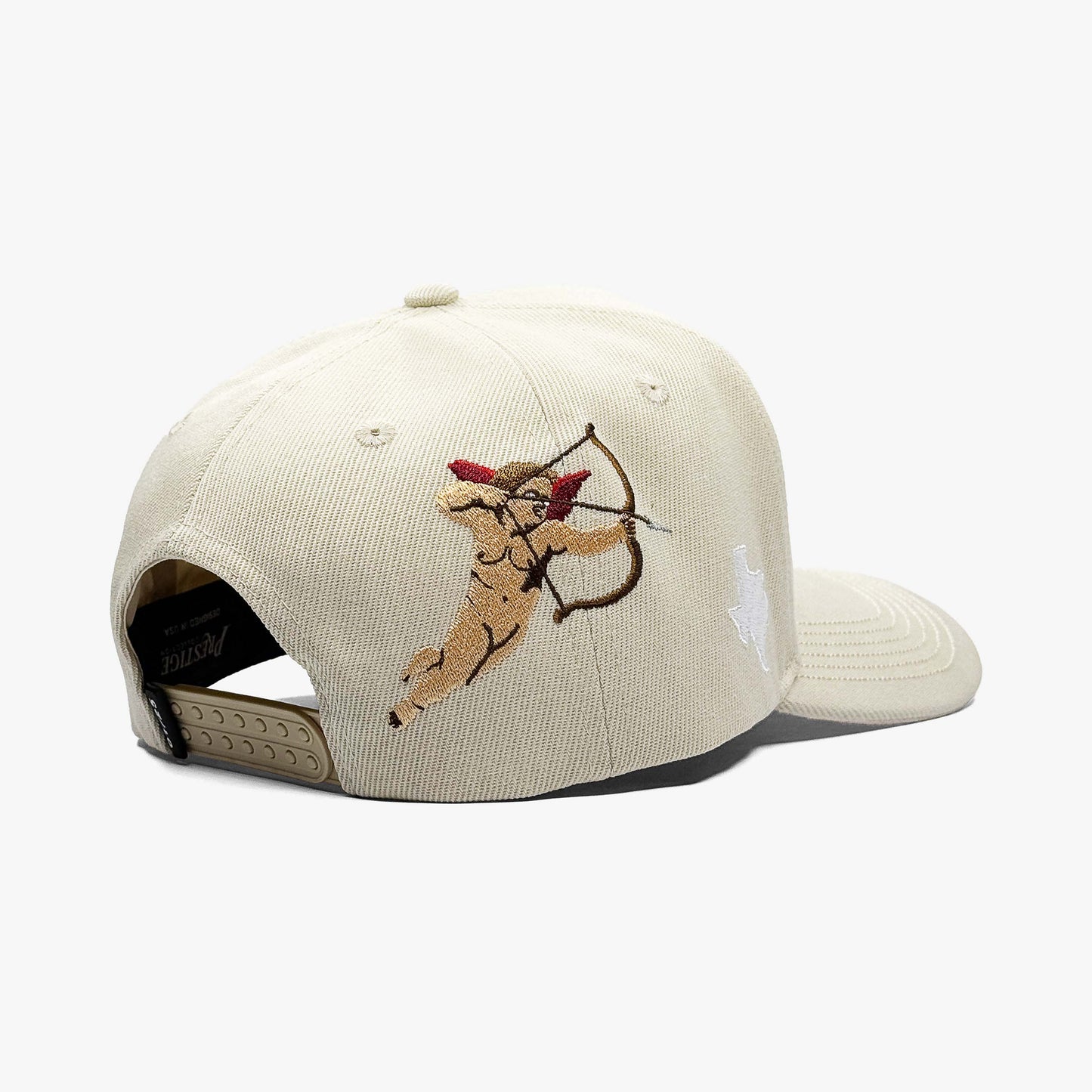 Texas Valentine’s Cream Snapback Hat – Close-Up of Cherub and Bow Embroidery on Right Side