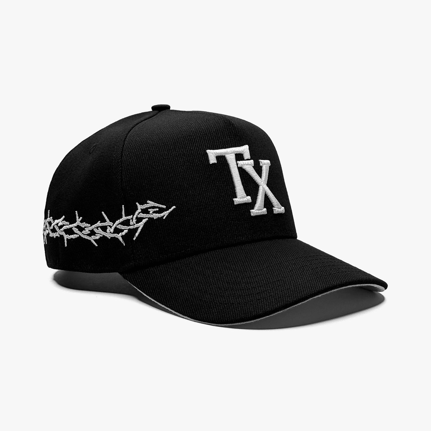 TX Thorns Black 5-Panel Snapback Hat – Prestige Collection Side Angle View with Texas State Silhouette