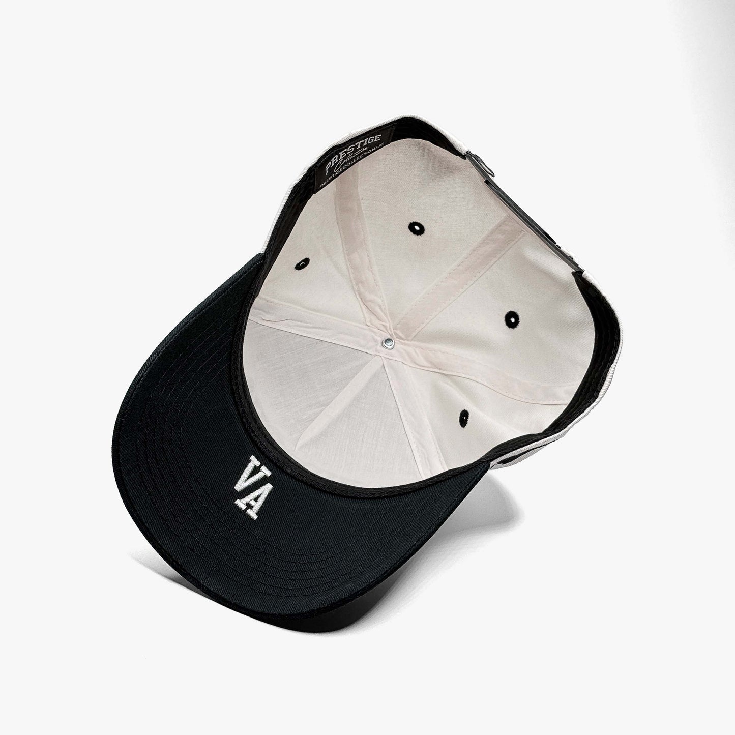 Virginia Off White 5-Panel Snapback Hat – Under Brim View with VA Abbreviation Embroidery