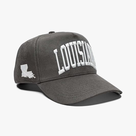 Louisiana Charcoal Suede 5-Panel Snapback Hat – Right Angle View with Louisiana State Silhouette Embroidery