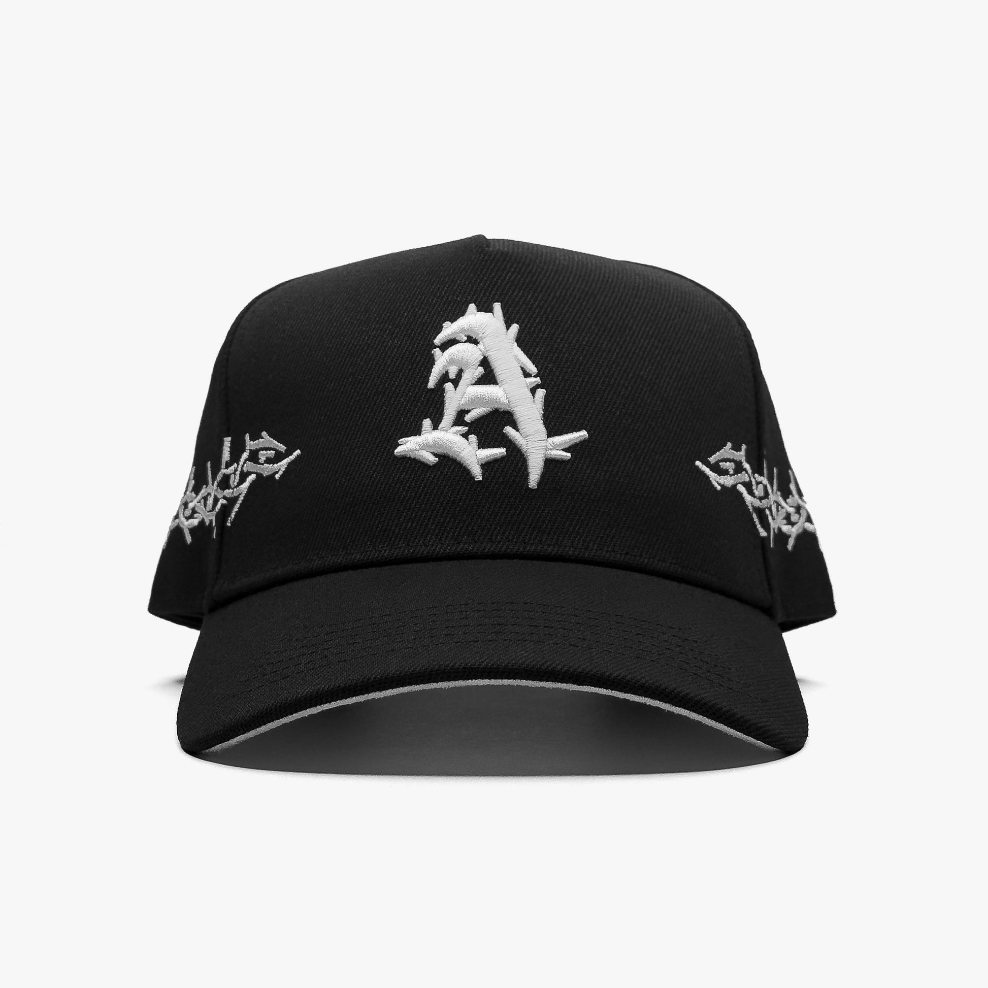 "A" Thorns Black 5-Panel Snapback Hat – Center Front View with A and Thorns Design