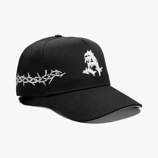 "A" Thorns Black 5-Panel Snapback Hat – Right Angle View Showing Side Embroidery