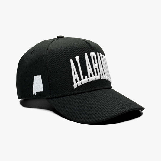 Alabama Black 5-Panel Snapback Hat – Right Angle View with State Silhouette Embroidery