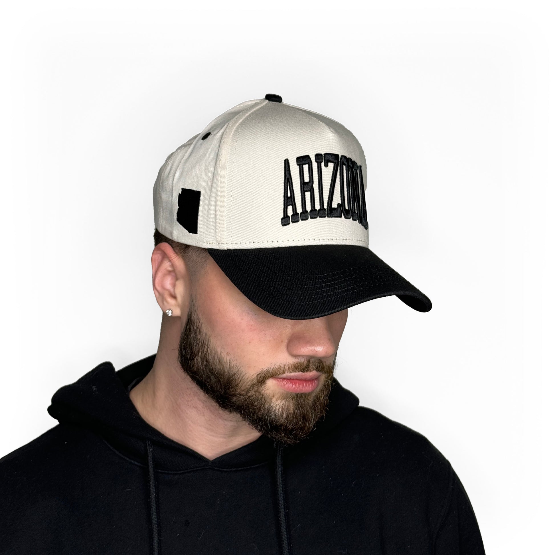 Model Wearing Arizona Off White Snapback – Close-Up Side Profile