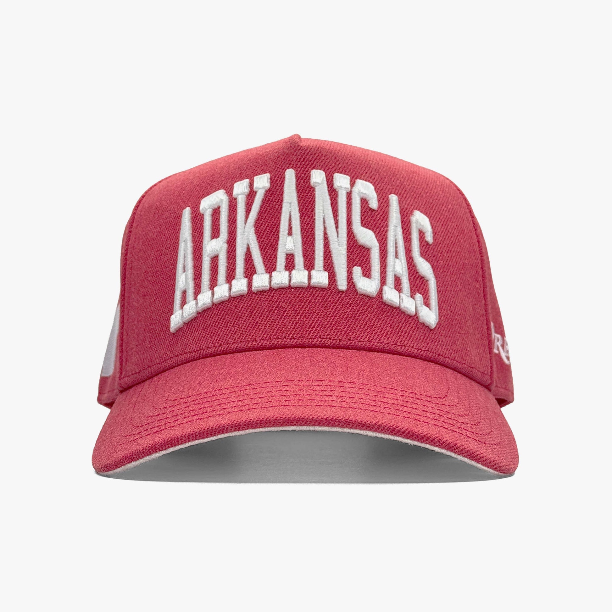 Arkansas Cardinal Red 5-Panel Snapback Hat – Center Front View with Arkansas Embroidery
