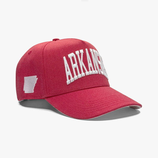 Arkansas Cardinal Red 5-Panel Snapback Hat – Right Angle View with Arkansas State Silhouette Embroidery