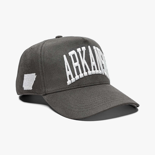 Arkansas Charcoal Suede 5-Panel Snapback Hat – Right Angle View with Arknasas State Silhouette Embroidery