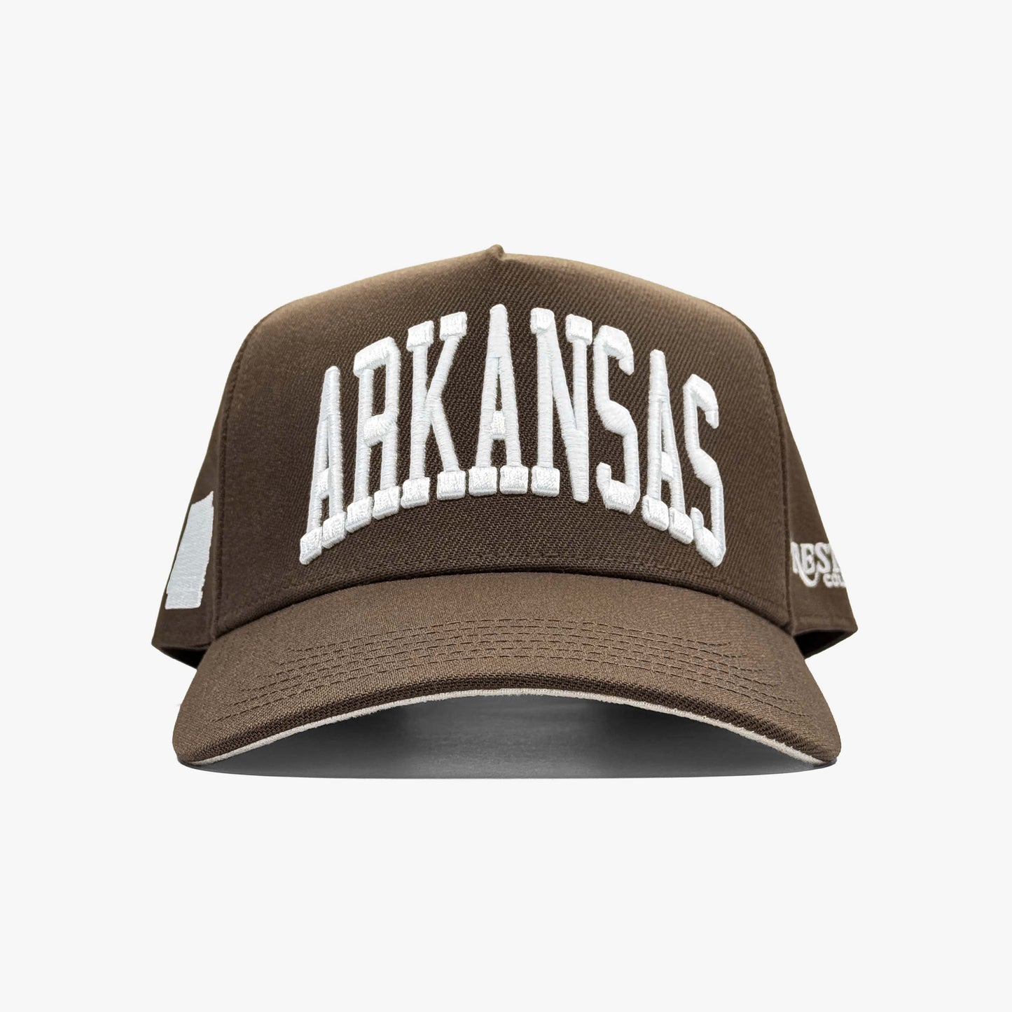 Arkansas Mocha 5-Panel Snapback Hat – Center Front View with Arkansas Embroidery
