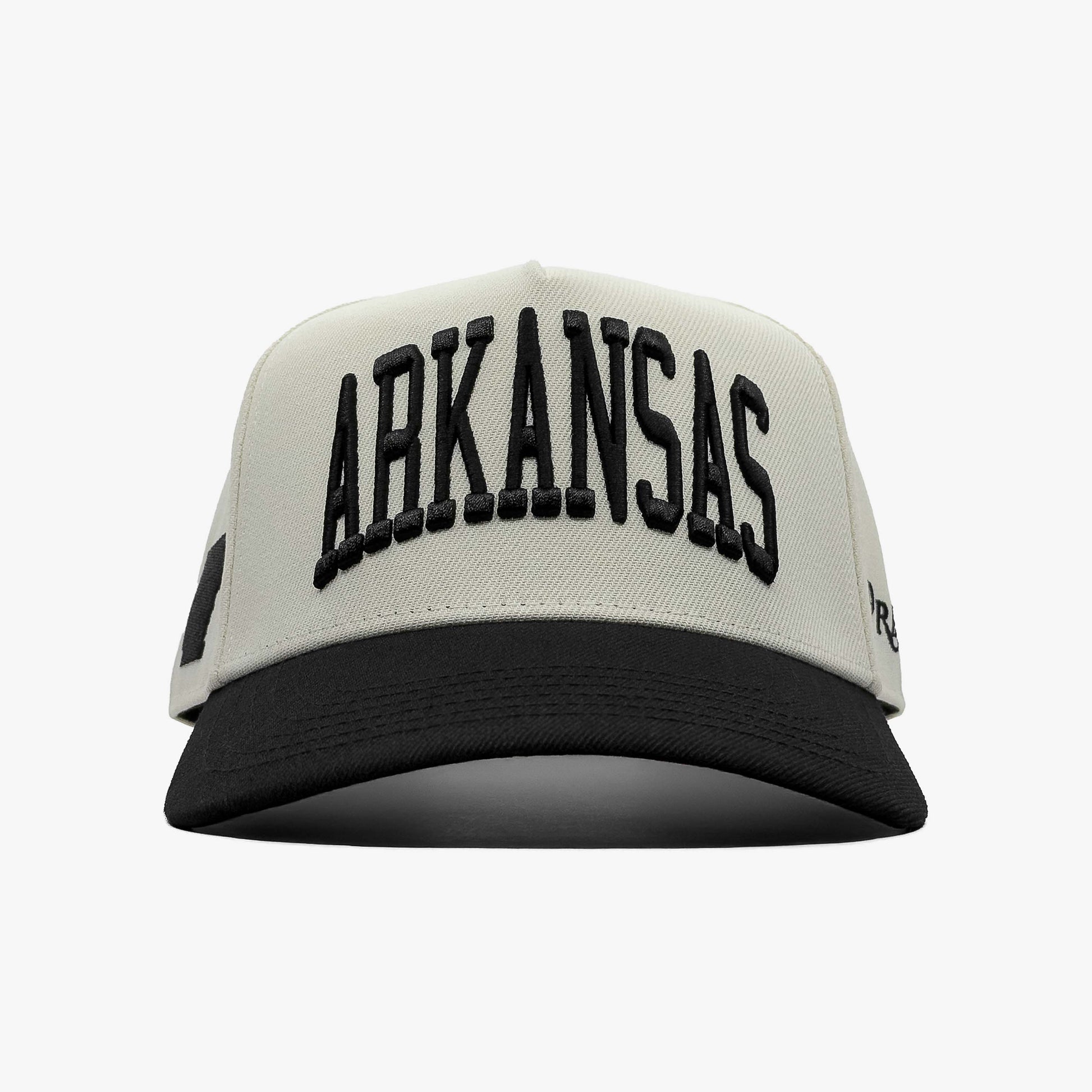 Arkansas Off White 5-Panel Snapback Hat – Front View with Arkansas Embroidery