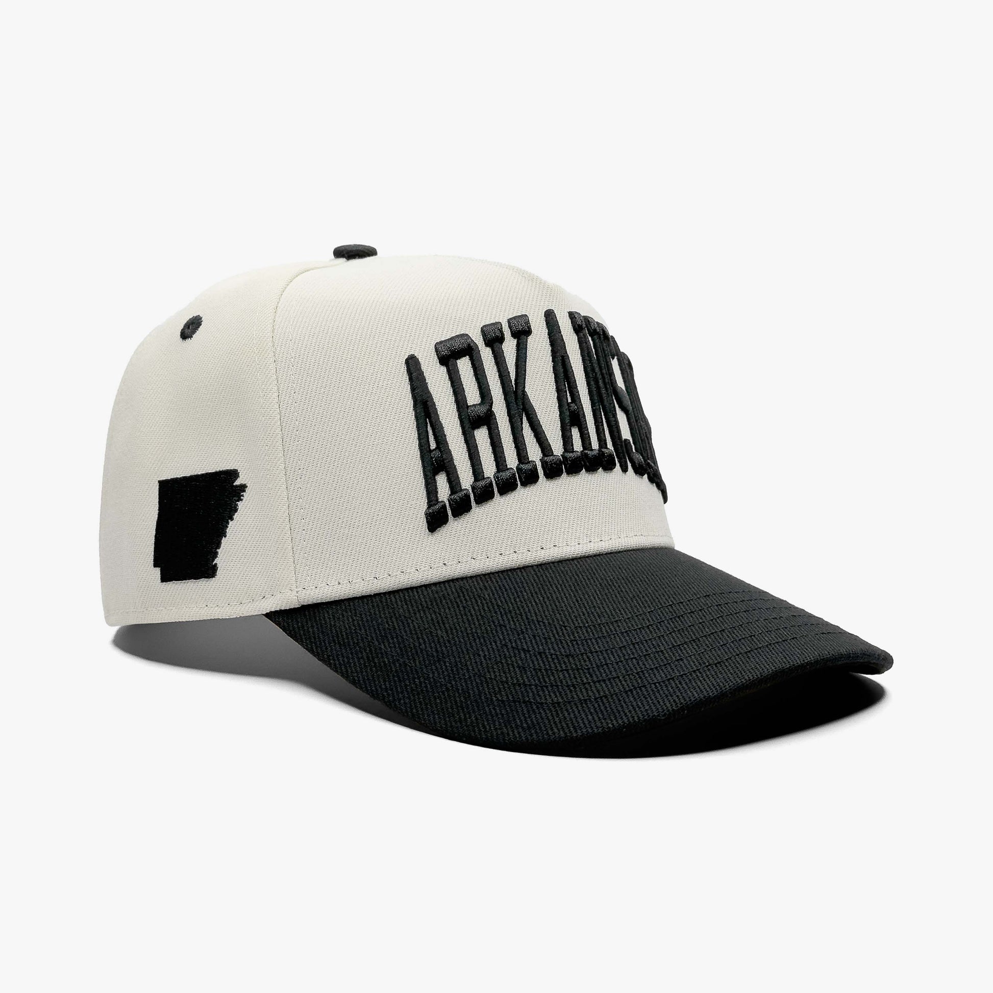 Arkansas Off White 5-Panel Snapback Hat – Right Angle View with State Silhouette Embroidery