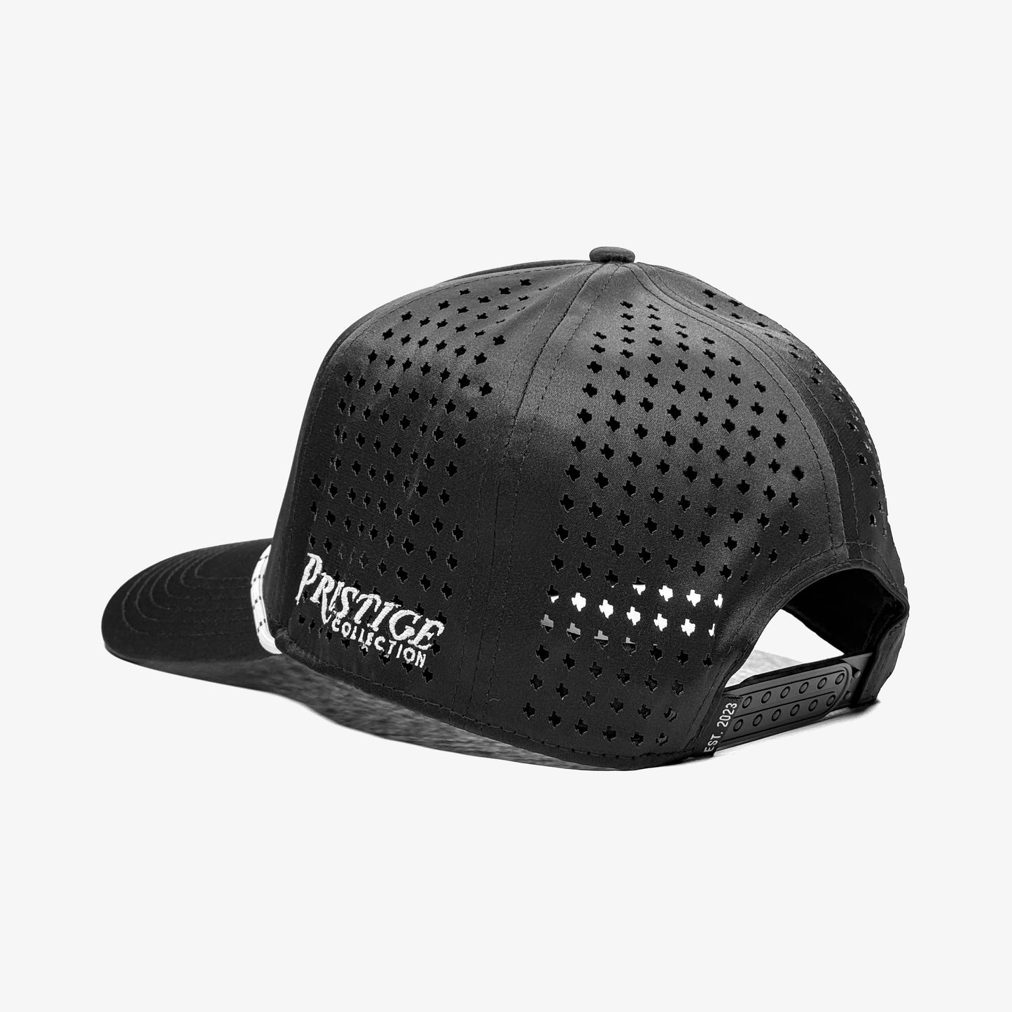 Black cap with 'Prestige Recreation' logo on a white background