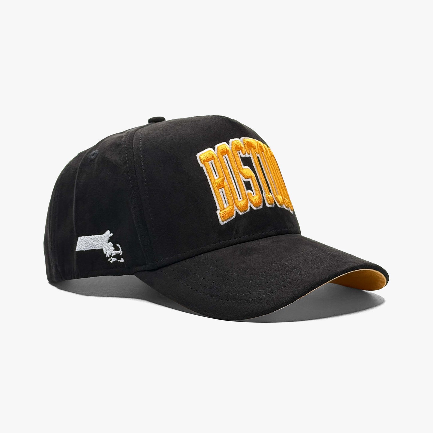 Boston Black/Yellow Limited 5-Panel Snapback Hat – Right Angle View with Massachusetts Silhouette Embroidery