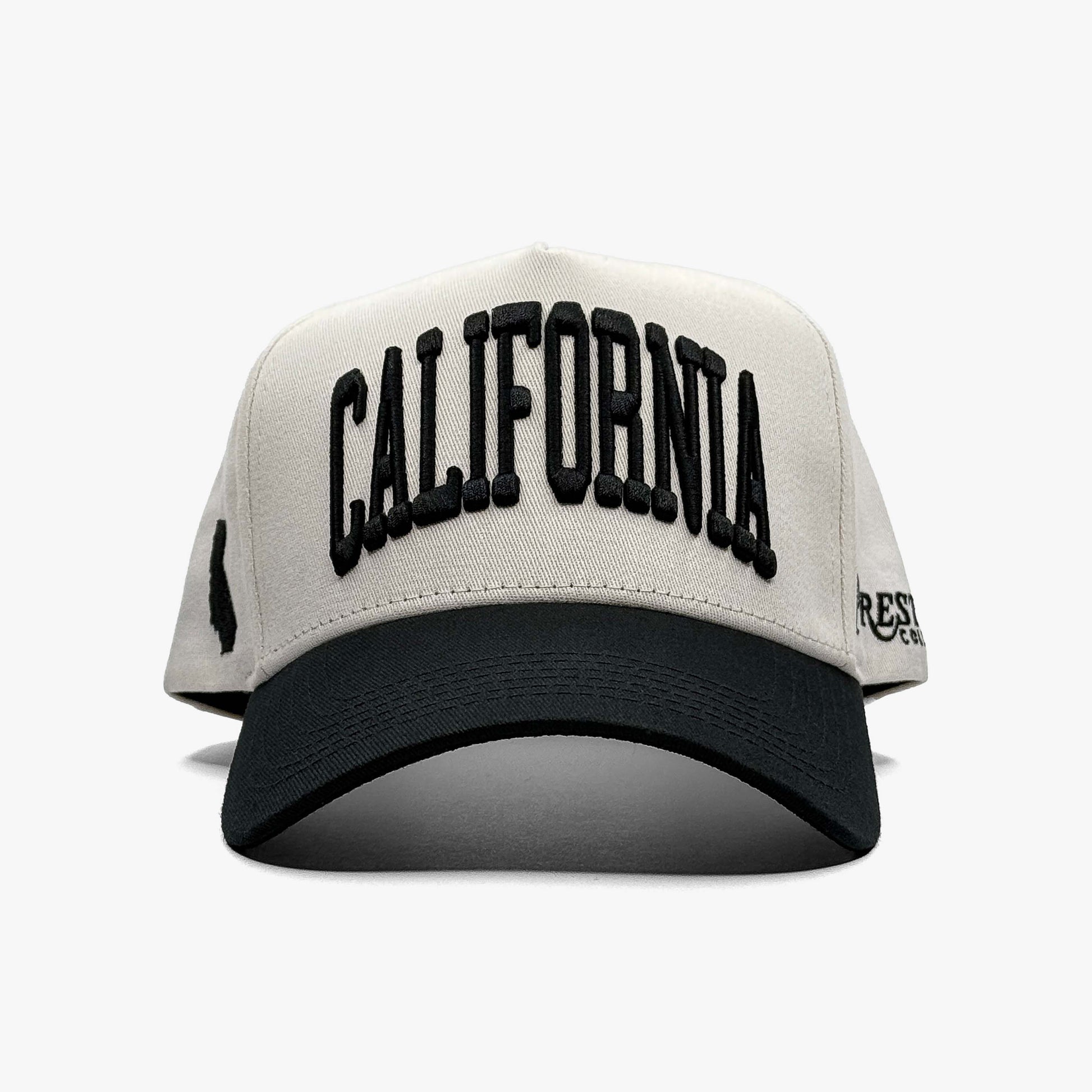 California Off White 5-Panel Snapback Hat – Center Front View with California Embroidery