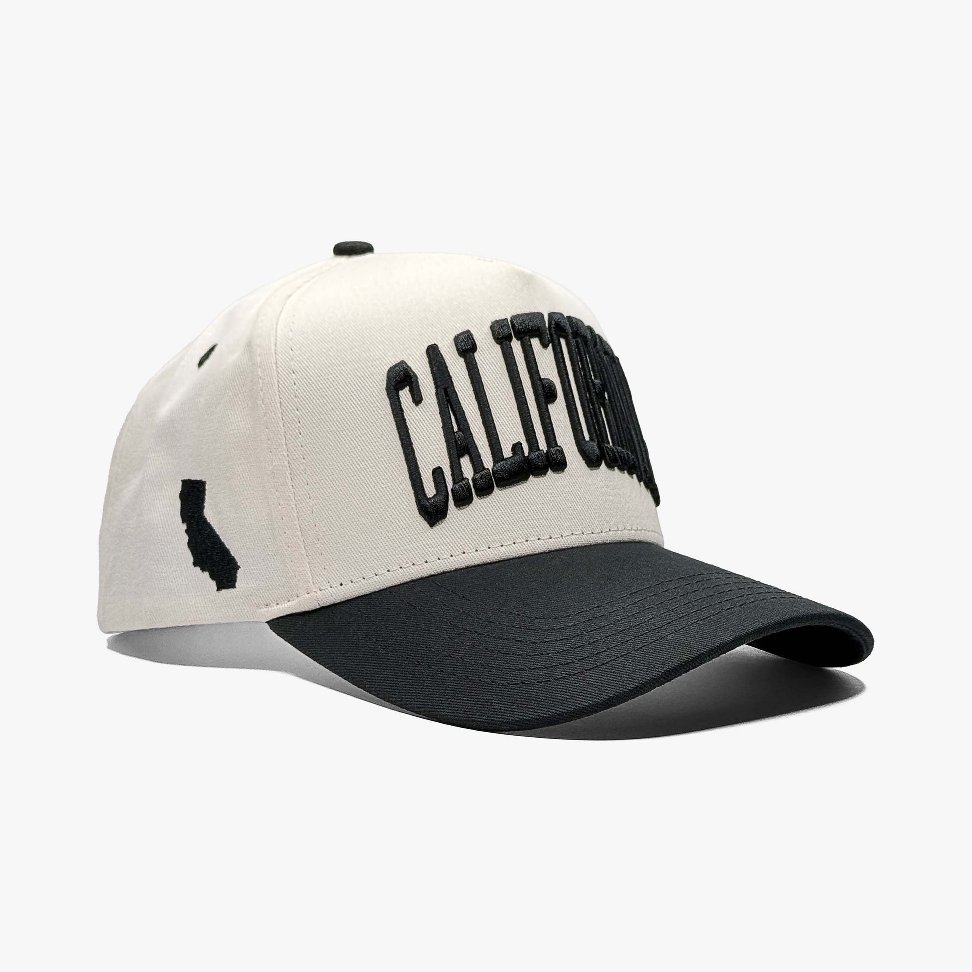 California Off White 5-Panel Snapback Hat – Right Angle View with California State Silhouette Embroidery