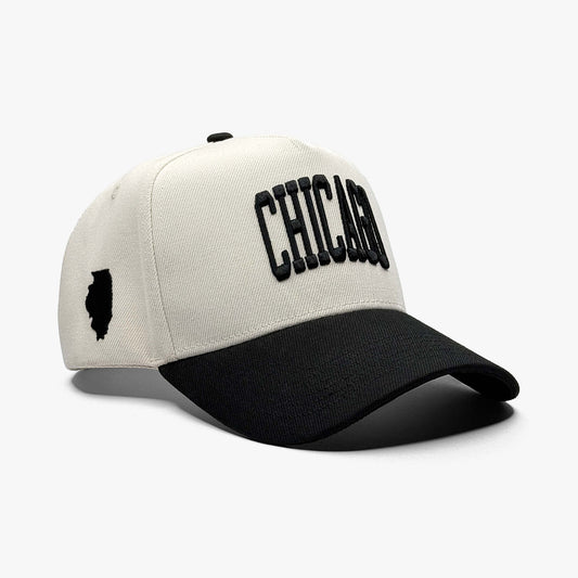 Chicago Off White 5-Panel Snapback Hat – Right Angle View with Illinois State Silhouette Embroidery