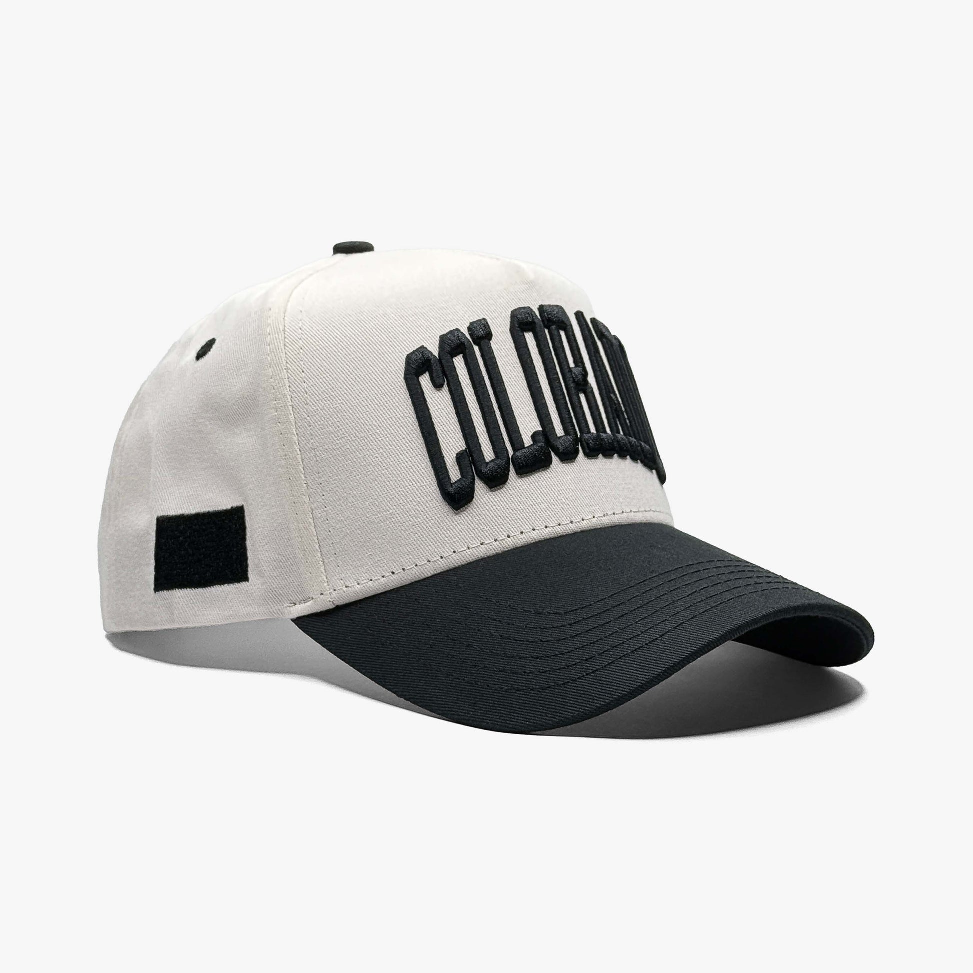 Colorado Off White 5-Panel Snapback Hat – Right Angle View with Colorado State Silhouette Embroidery