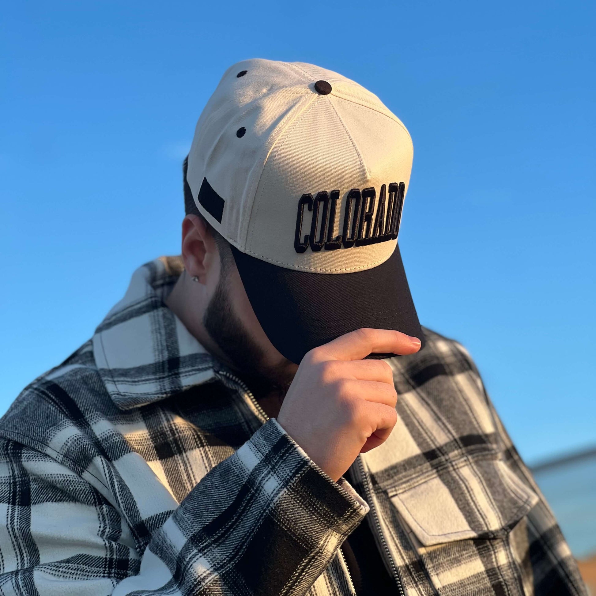 Model Wearing Colorado Off White Snapback – Close-Up Angled View