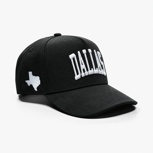 Dallas Black 5-Panel Snapback Hat – Right Angle View with Texas State Silhouette
