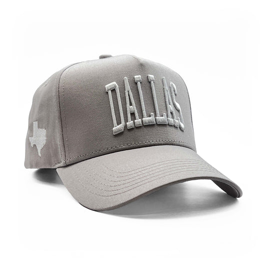 Dallas Gray Limited 5-Panel Cotton Snapback Hat – Right Angle View with Texas Silhouette