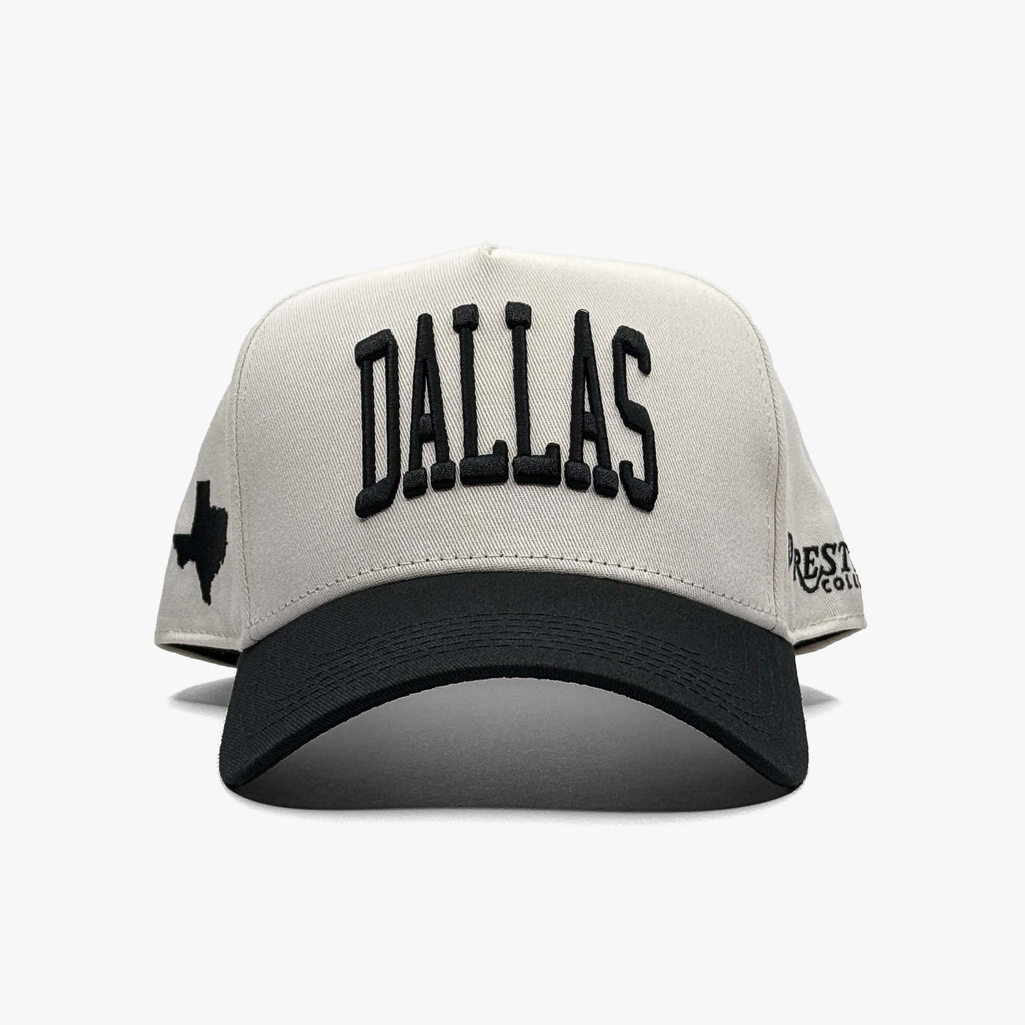 Dallas Off White 5-Panel Snapback Hat – Front View with Dallas Embroidery