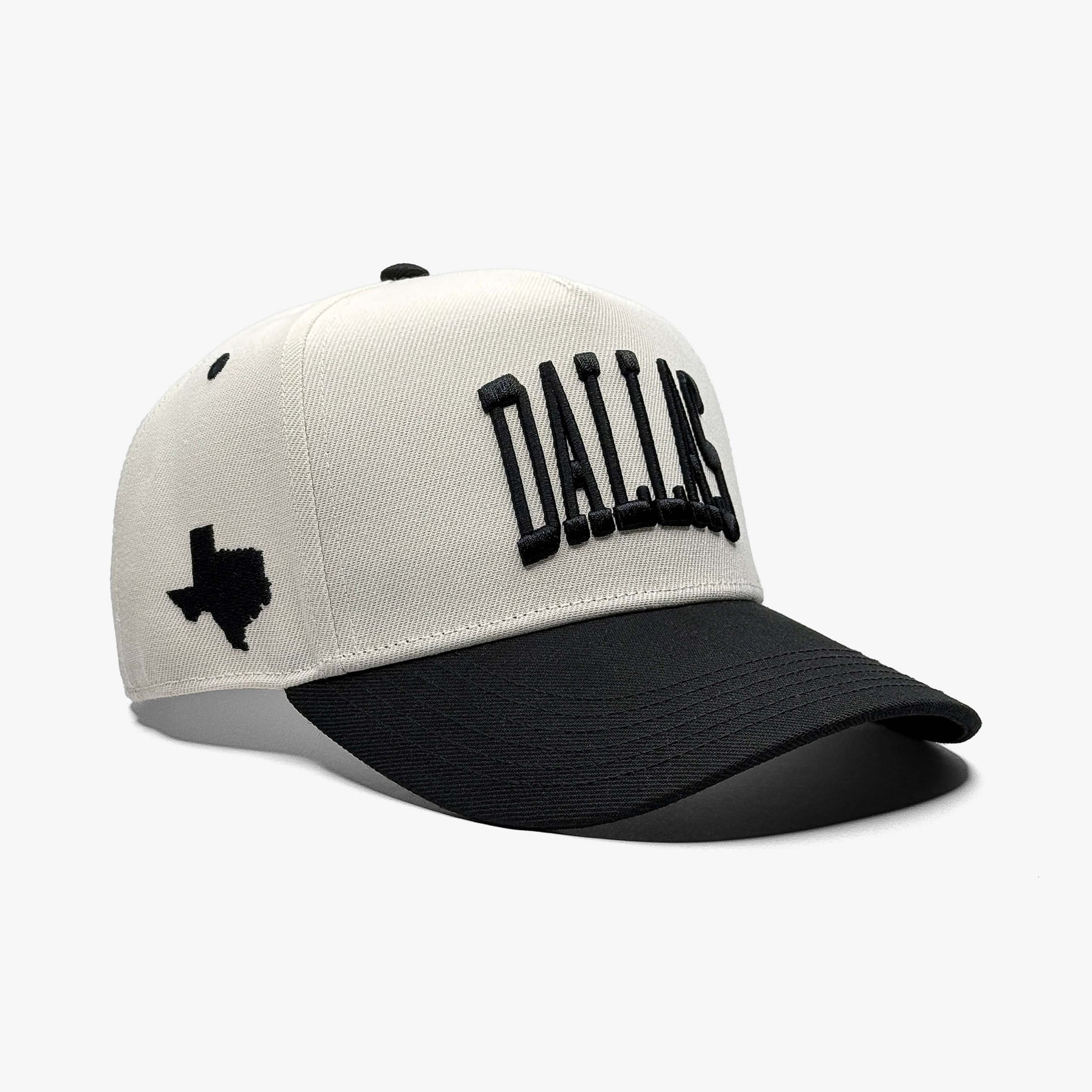 Dallas Off White 5-Panel Snapback Hat – Right Angle View with Texas State Silhouette Embroidery
