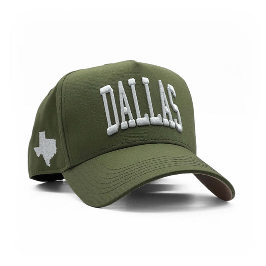 Dallas Olive Limited 5-Panel Snapback Hat – Right Angle View with Texas State Silhouette Embroidery