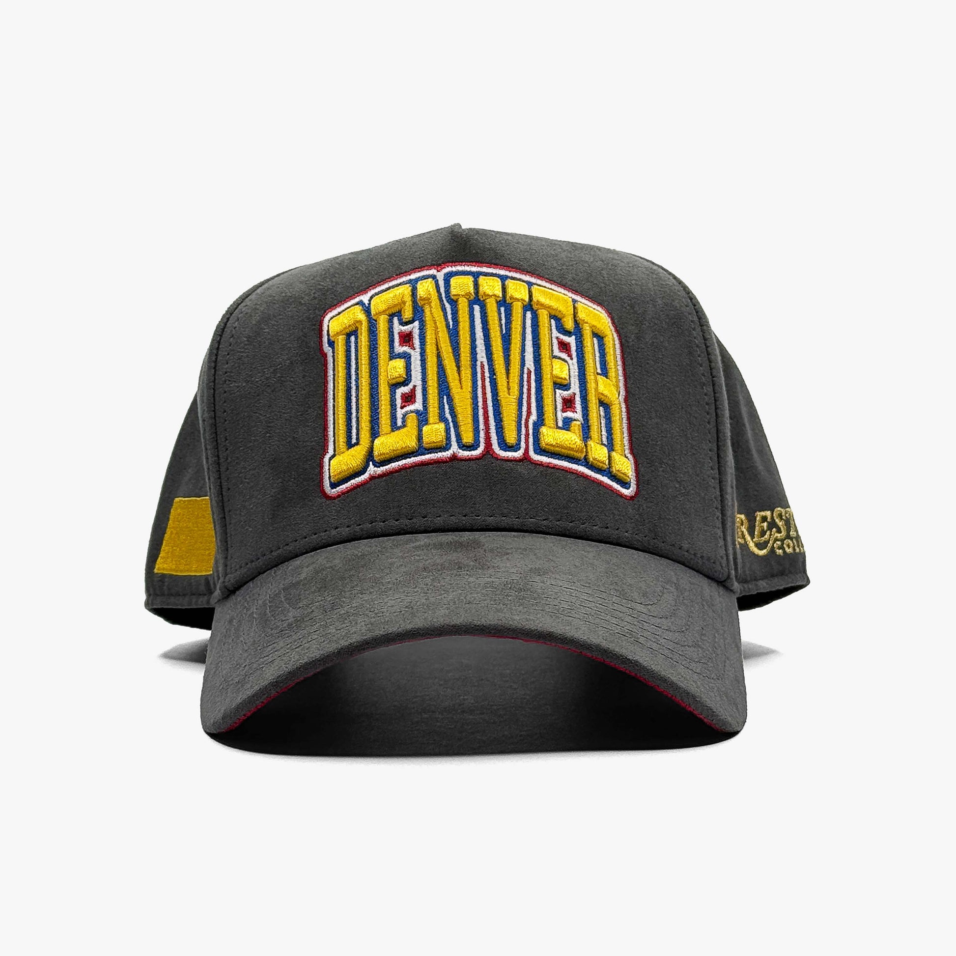 Denver Charcoal Suede Limited 5-Panel Snapback Hat – Front View with Bold Multi-Color Denver Embroidery