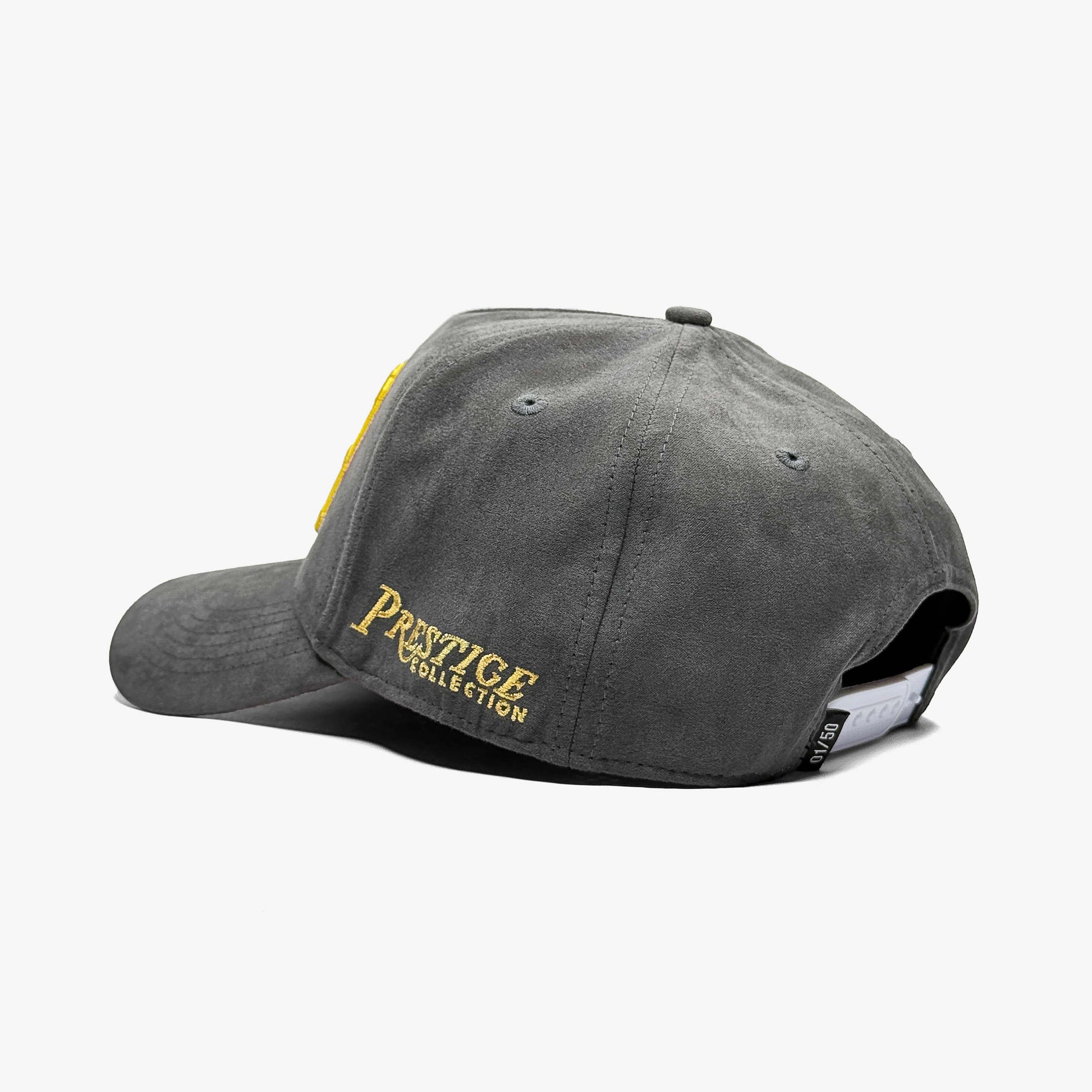Denver Charcoal Suede Limited 5-Panel Snapback Hat – Rear View Showing Prestige Collection Logo Embroidery
