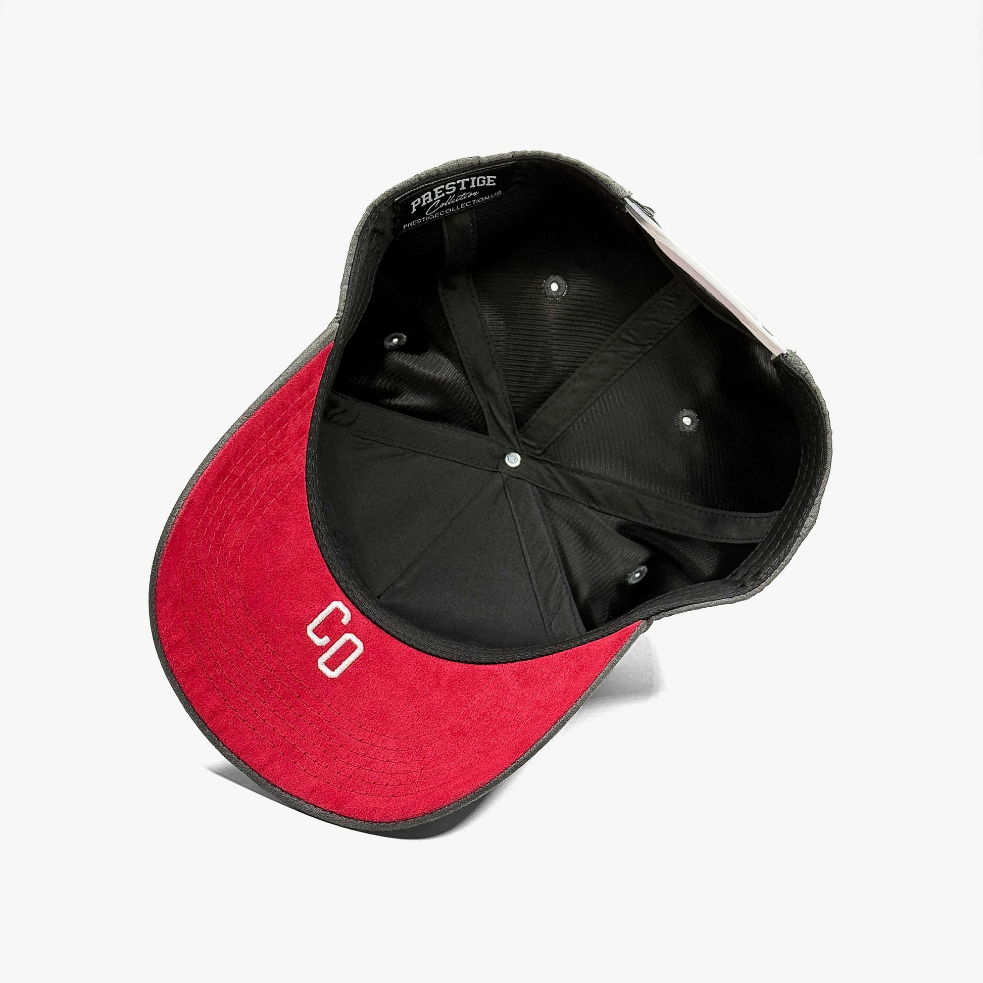 Denver Charcoal Suede Limited 5-Panel Snapback Hat – Red Suede Under Brim with CO Abbreviation Embroidery