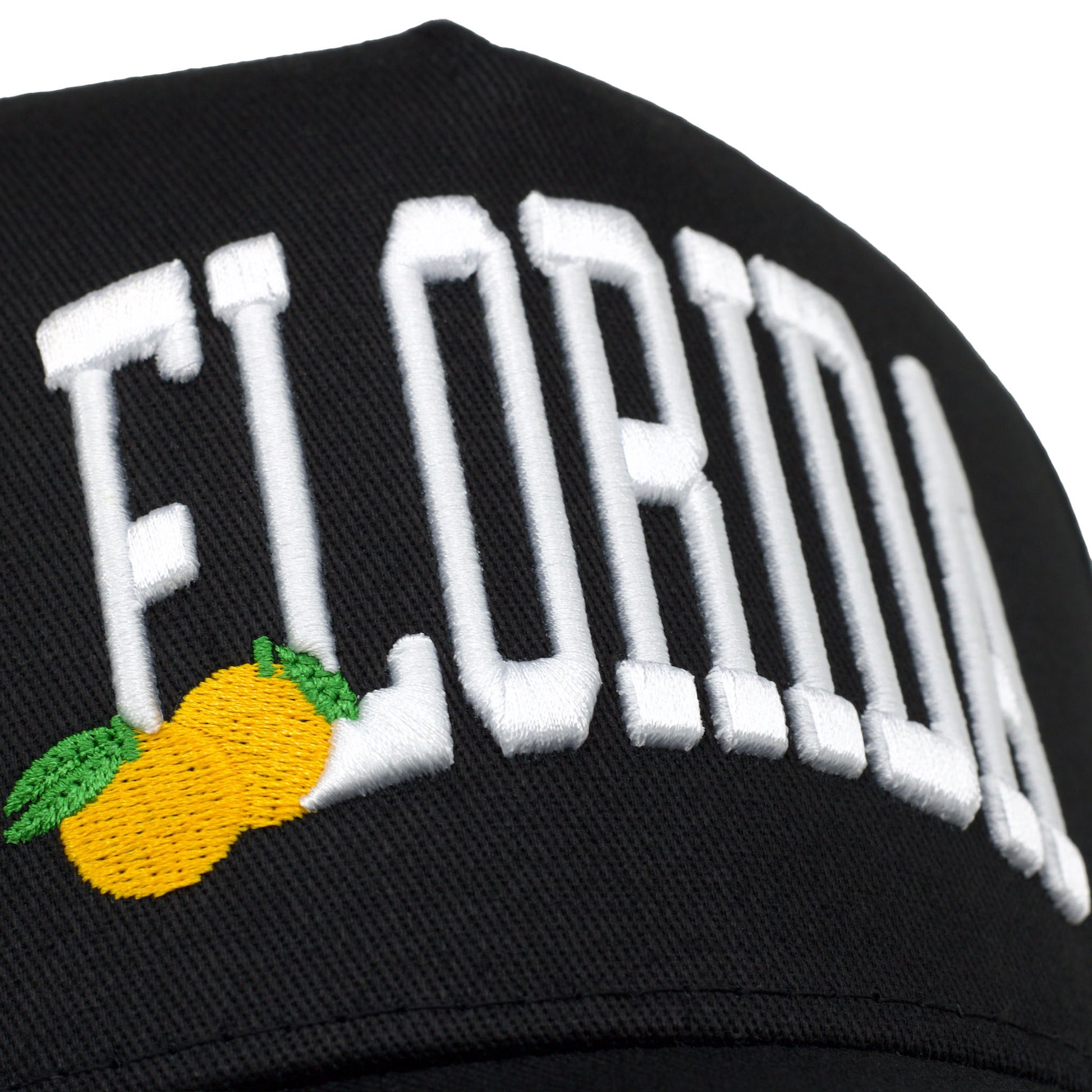 Florida Black YIFNO Limited 5-Panel Cotton Snapback Hat – Closeup of Orange Embroidery on Florida Lettering