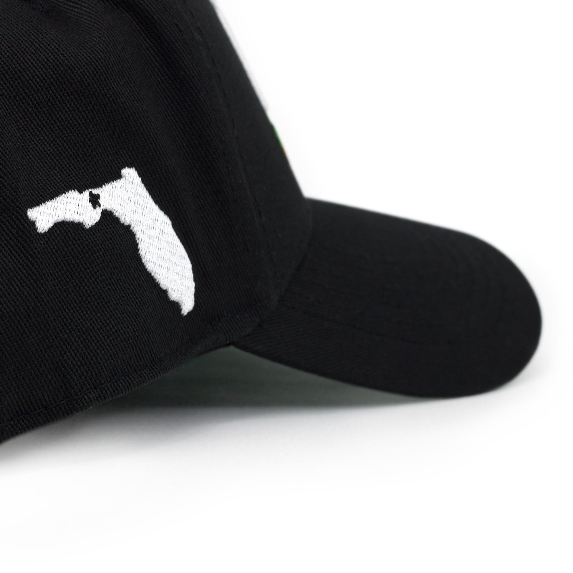 Florida Black YIFNO Limited 5-Panel Cotton Snapback Hat – Closeup of Florida Silhouette Embroidery