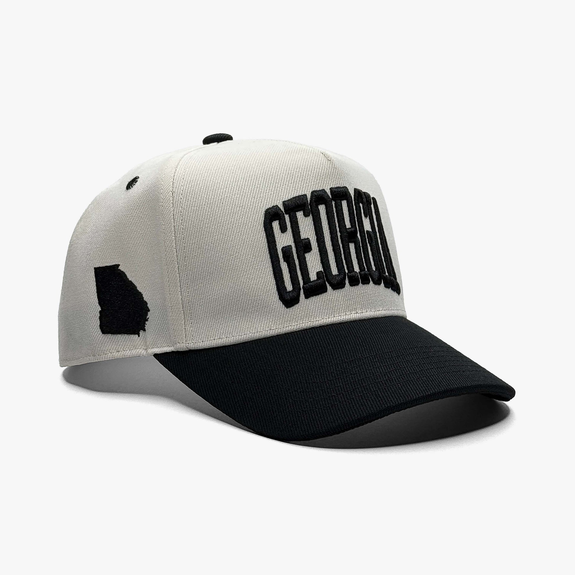 Georgia Off White 5-Panel Snapback Hat – Right Angle View with Georgia State Silhouette Embroidery