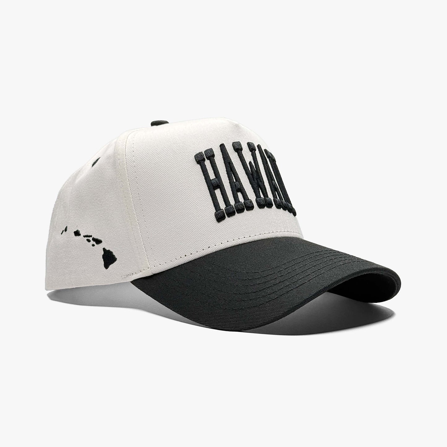 Hawaii Off White 5-Panel Snapback Hat – Right Angle View with Hawaii State Silhouette Embroidery