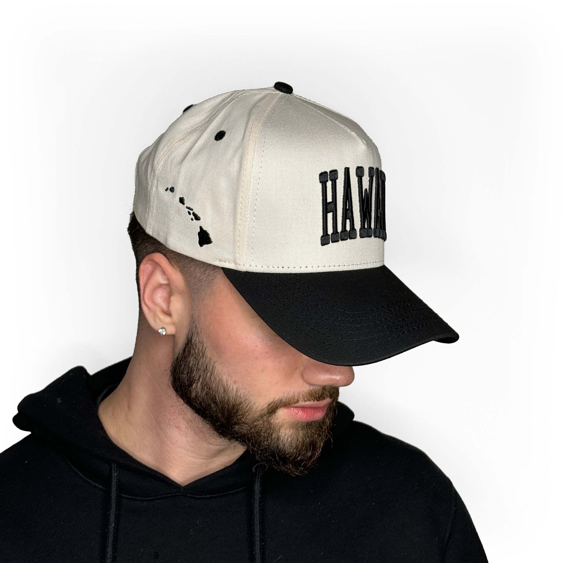 Model Wearing Hawaii Off White Snapback – Close-Up Side Profile