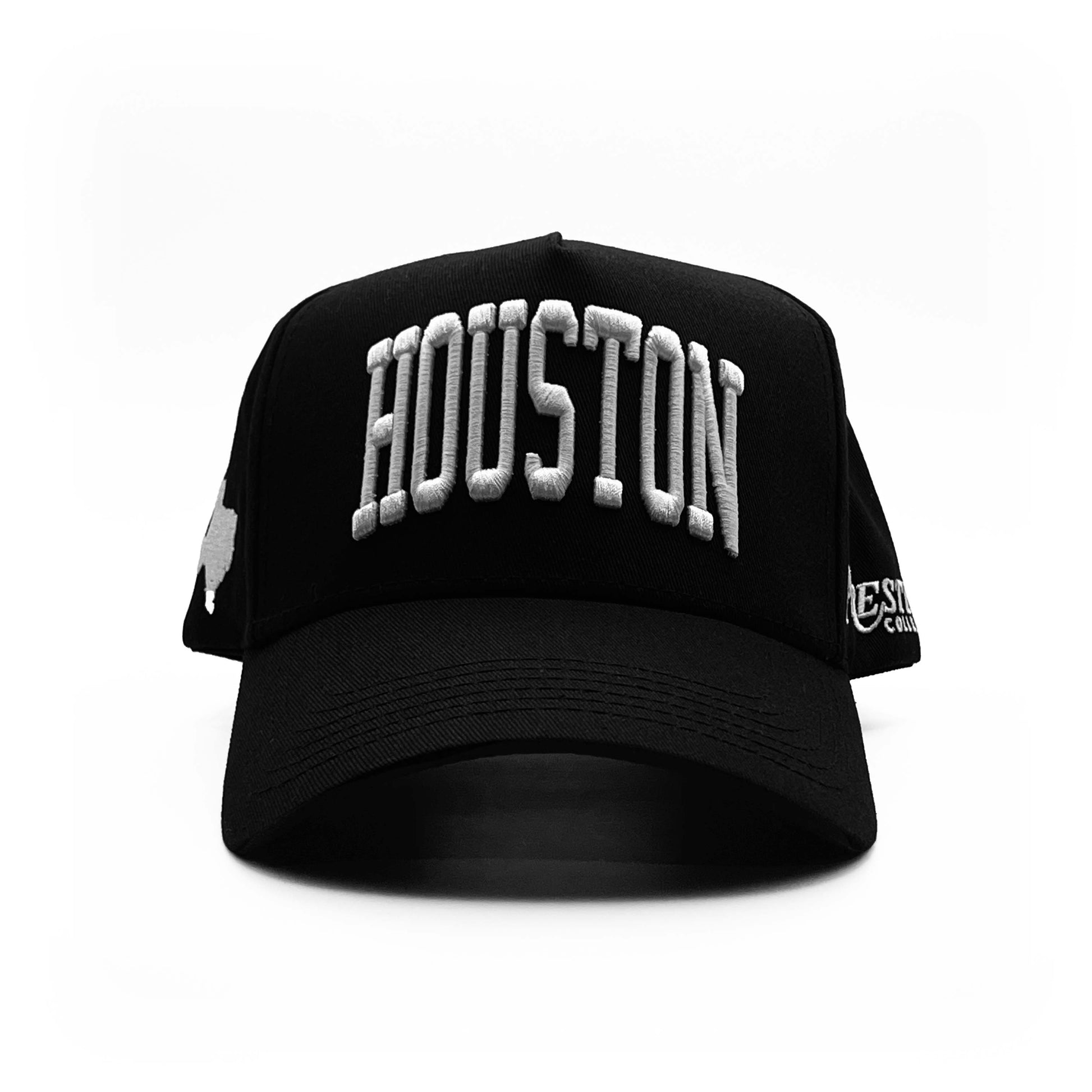 Houston Black 5-Panel Snapback Hat – Front View with Embroidery