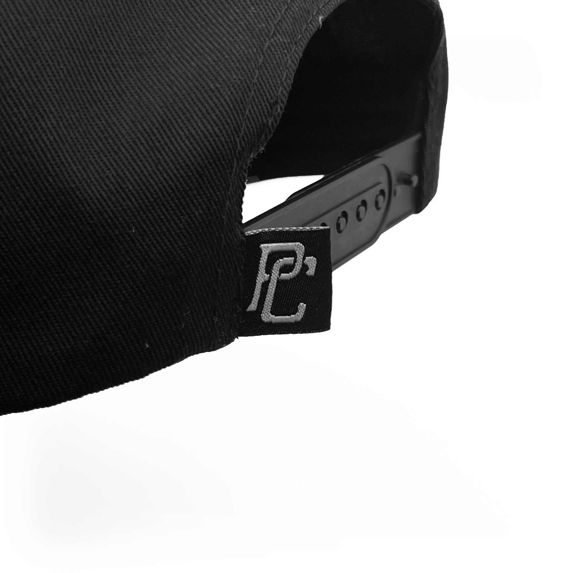 Houston Black 5-Panel Snapback Hat – Close-Up of Snapback & PC Tag